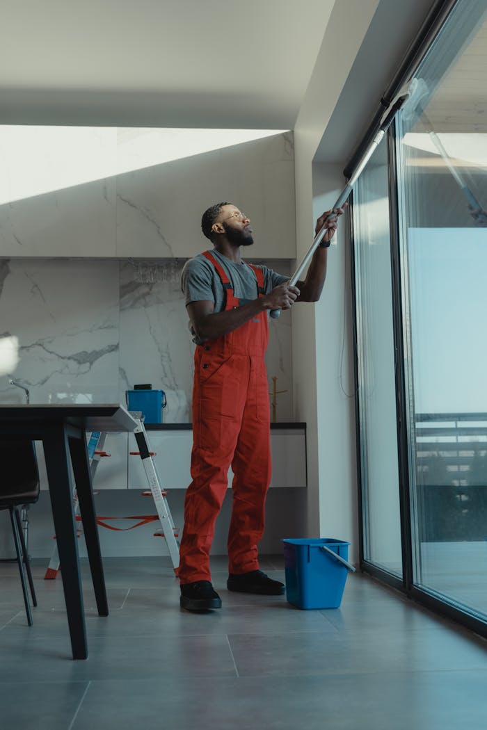 why-choose-us-02 A man in coveralls cleans a large window in a stylish, modern home interior.